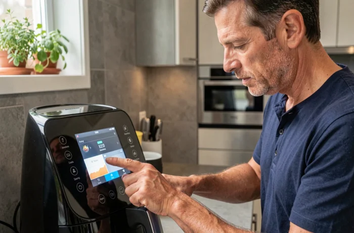 Homme réglant les paramètres de cuisson sur le panneau de commande d'un air fryer Medek 10L