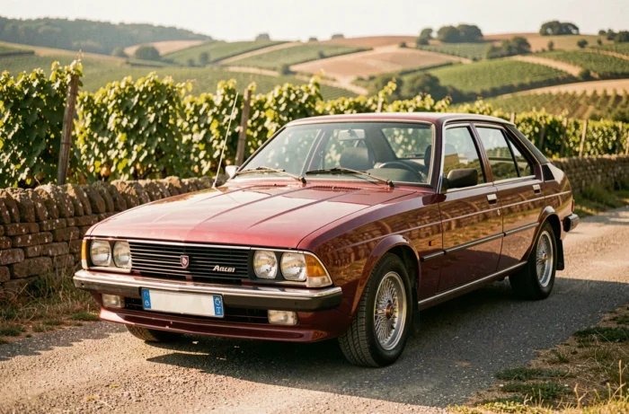 Renault 30 V8 bordeaux stationnée sur une route de campagne française, vue de trois quarts avant