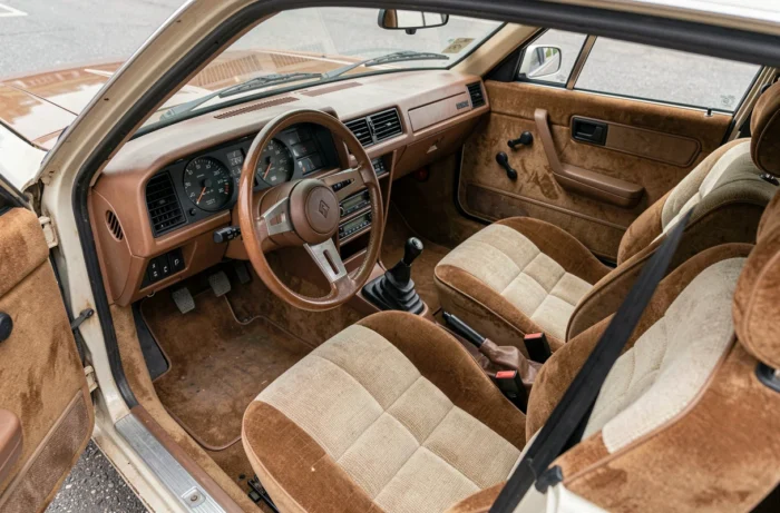 Intérieur authentique de la Renault 30 V8 avec tableau de bord d'époque et sièges en velours marron