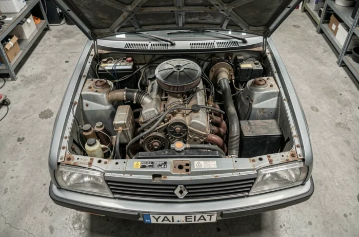 Compartiment moteur de la Renault 30 V8 avec moteur PRV visible dans un garage de restauration