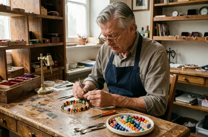 Bijoutier réparant un bracelet Gigi Clozeau en atelier, remplacement des perles de résine colorées