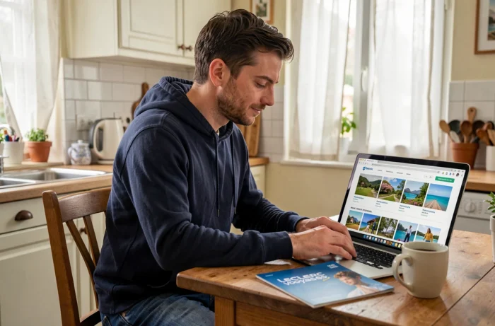 Homme recherchant des offres de voyage dernière minute sur ordinateur avec une brochure Leclerc Voyages posée sur la table