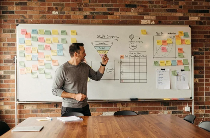 Responsable marketing présentant une stratégie digitale 2024 sur un tableau blanc en salle de réunion créative
