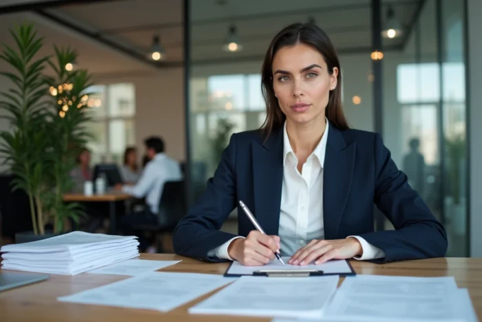Responsable RH féminine analysant des candidatures sur un bureau en bois dans un open space moderne, stratégie de recrutement