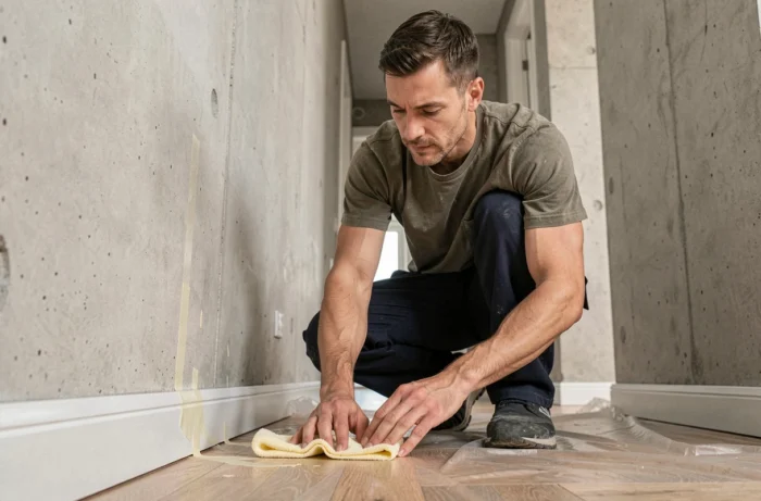Homme nettoyant des résidus de scotch sur une plinthe en PVC blanc lors de travaux de rénovation