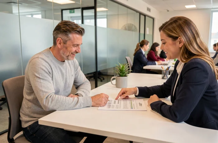 Homme discutant du plafond du crédit d'impôt avec un conseiller fiscal dans un bureau moderne