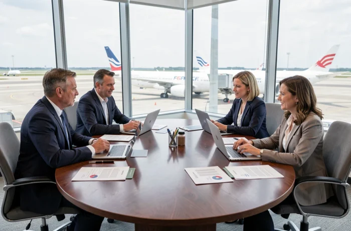 Réunion interne de représentants du personnel IPN autour d'une table de conférence dans les locaux Air France