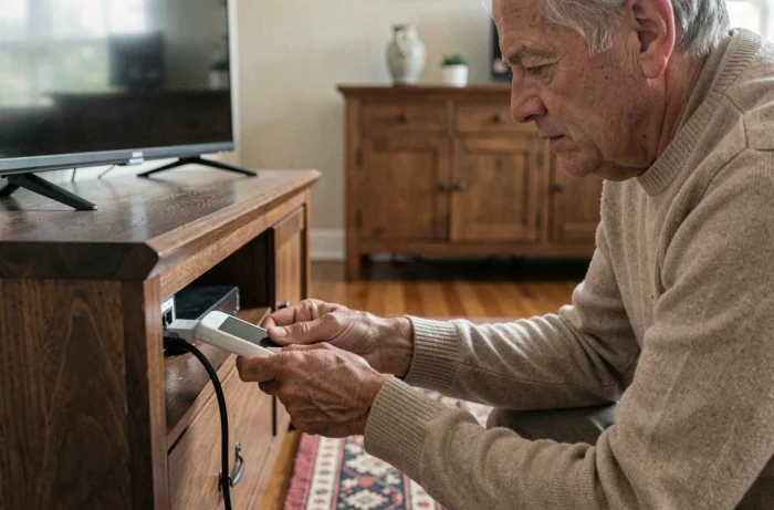 Homme branchant un routeur 4G sur un téléviseur pour accéder à l'IPTV sans box ni connexion wifi