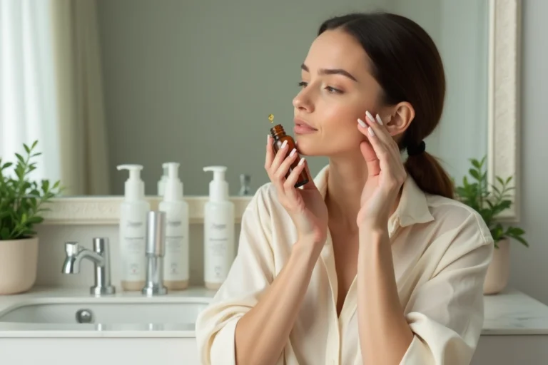 Femme appliquant une huile visage luxueuse dans une salle de bain minimaliste avec des produits de beauté français haut de gamme