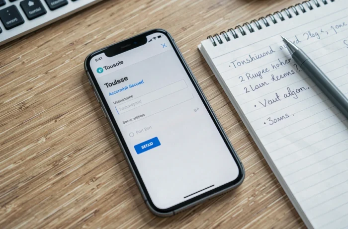 Smartphone affichant la configuration du webmail Toulouse avec notes manuscrites sur un bureau en bois