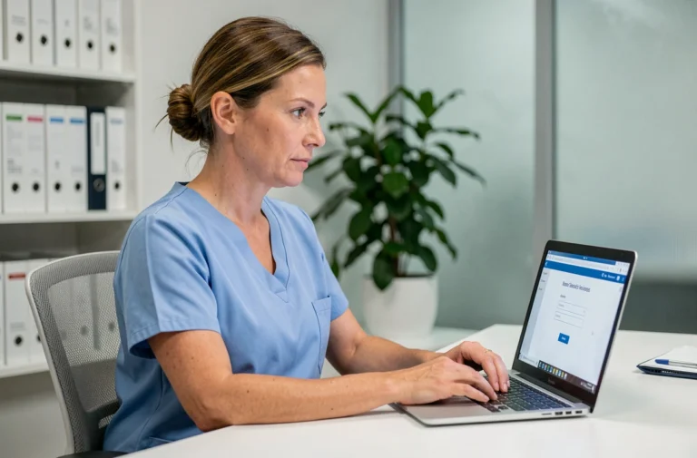 Soignante connectée à l'interface Netsoins sur un ordinateur portable dans un bureau médical
