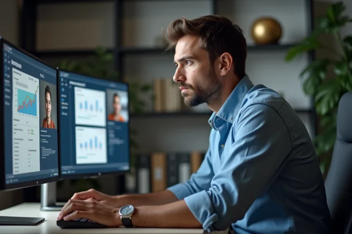 Spécialiste en acquisition de talents travaillant sur des tableaux de bord de recrutement dans un bureau hybride moderne