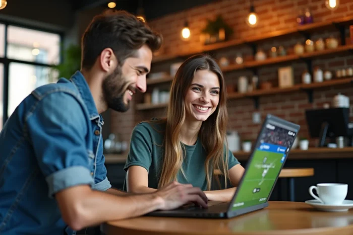 Deux amis regardant une plateforme de streaming sportif sur un ordinateur portable dans un café urbain tendance