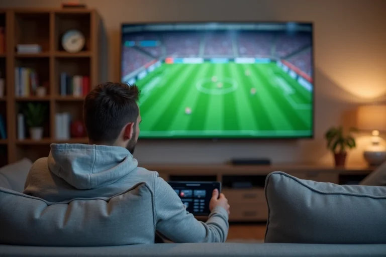 Homme regardant un match de sport en streaming sur une smart TV dans son salon moderne en 2026
