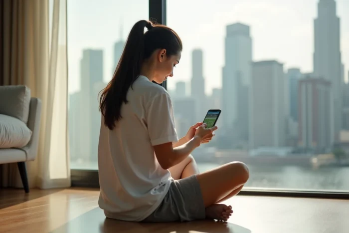 Femme regardant le sport en streaming sur smartphone dans un appartement moderne avec vue urbaine