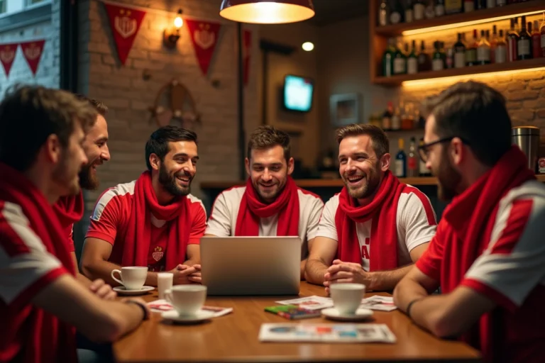 Groupe de supporters de l'AS Monaco réunis dans un bar autour d'un forum en ligne dédié au club