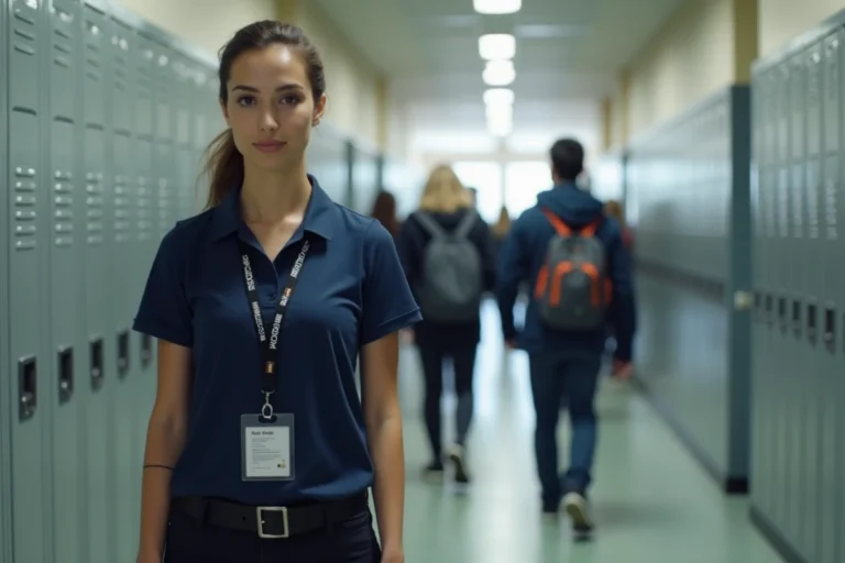 Surveillante de collège en uniforme polo marine debout dans un couloir scolaire, supervisant des élèves entre les cours