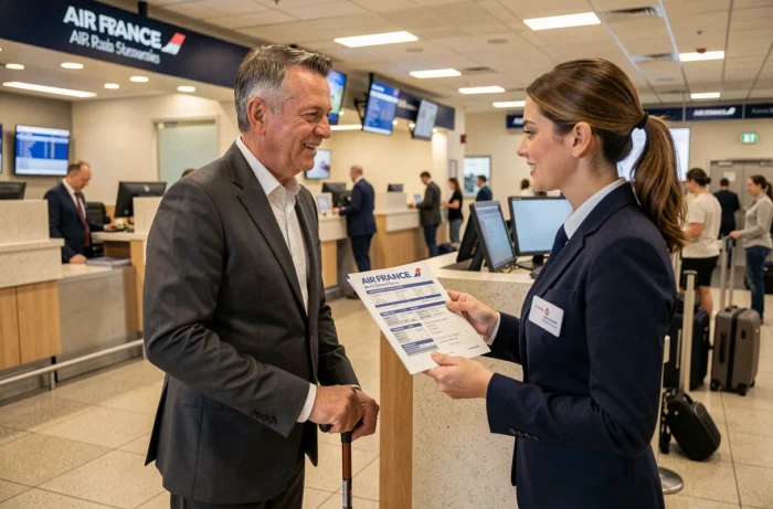 Voyageur en situation de handicap discutant des tarifs et services d'assistance au comptoir Air France
