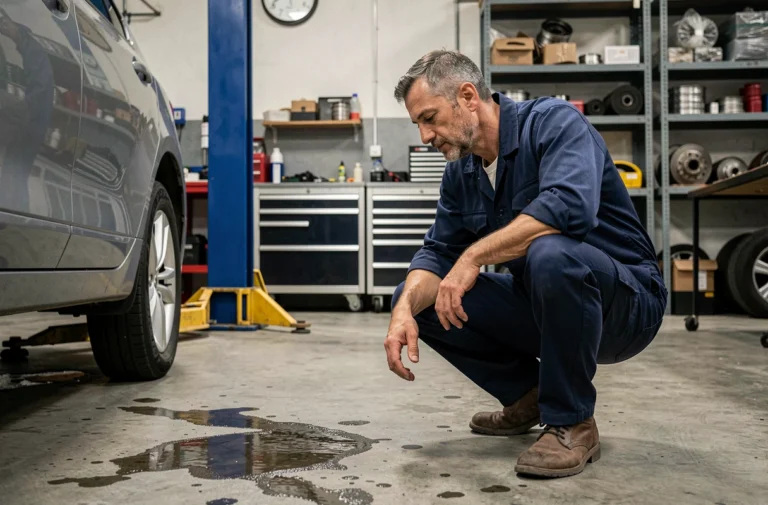 Technicien automobile inspectant le dessous d'une voiture dans un garage professionnel, illustrant le jargon mécanique camtar