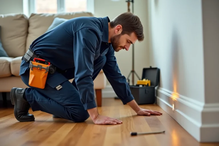 Technicien en réparation domiciliaire inspectant un parquet en bois dans un salon résidentiel