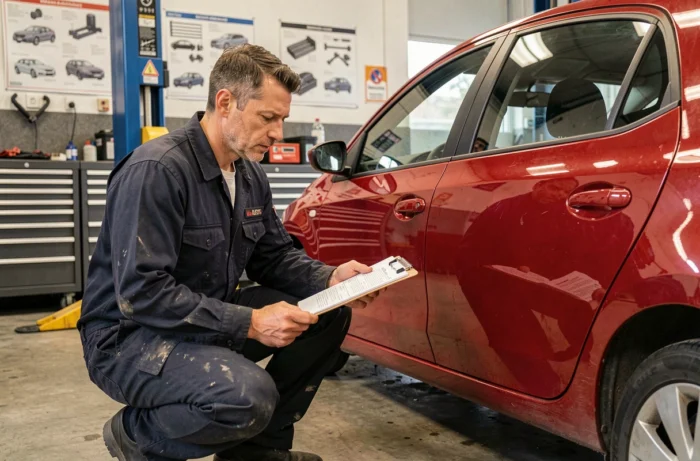 Technicien automobile inspectant les documents d'homologation SR d'un véhicule dans un garage professionnel