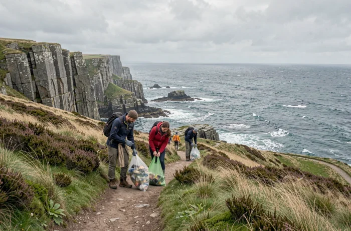 Groupe de voyageurs solidaires ramassant des déchets sur le sentier côtier breton, tourisme responsable en France