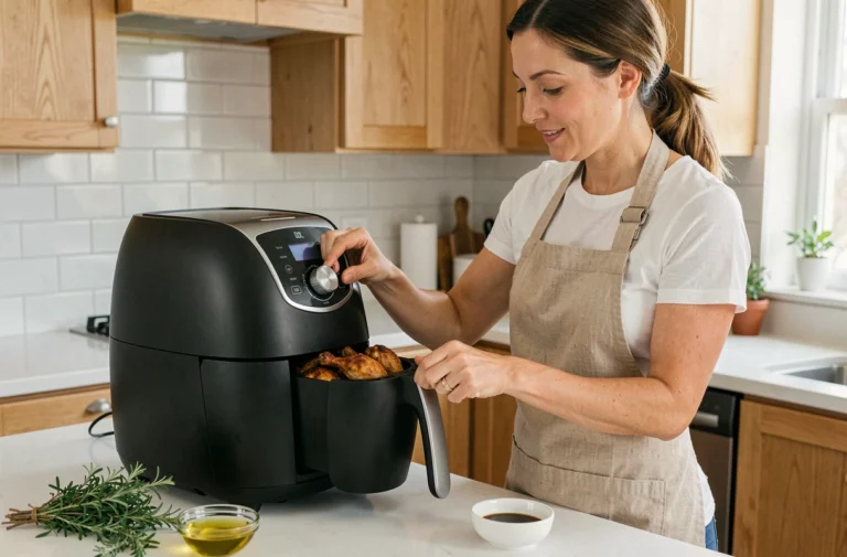 Femme utilisant un air fryer Medek 10L pour cuire des ailes de poulet dans une cuisine moderne