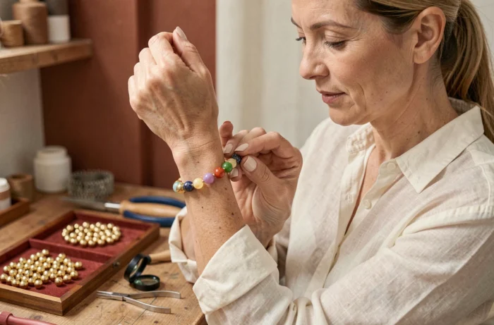 Femme examinant un bracelet Gigi Clozeau pour en vérifier l'authenticité dans un atelier de bijouterie