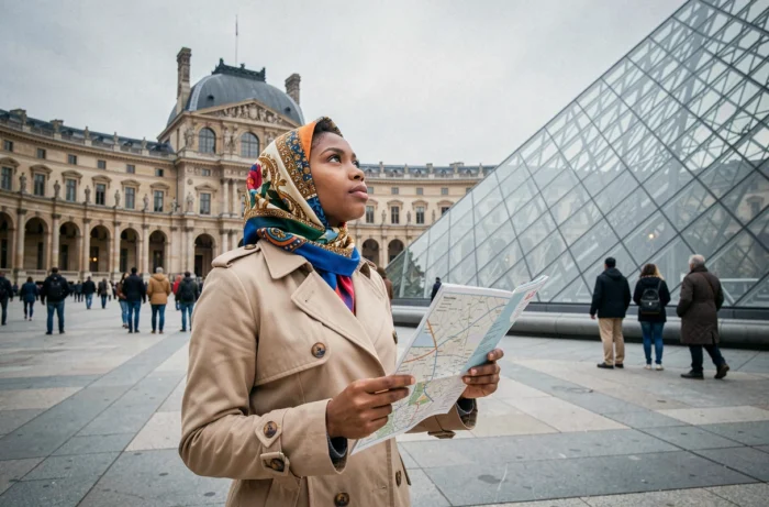 Femme d'origine maghrébine admirant la pyramide du Louvre lors d'une visite culturelle à Paris