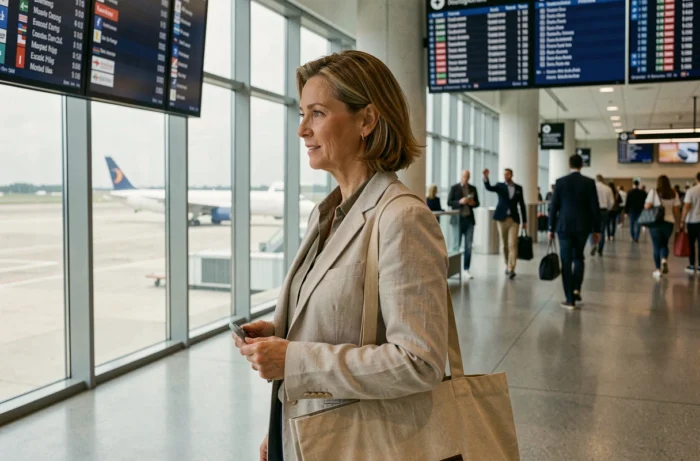 Femme consultant les départs dernière minute dans un terminal d'aéroport moderne, prête pour un voyage spontané depuis Nantes