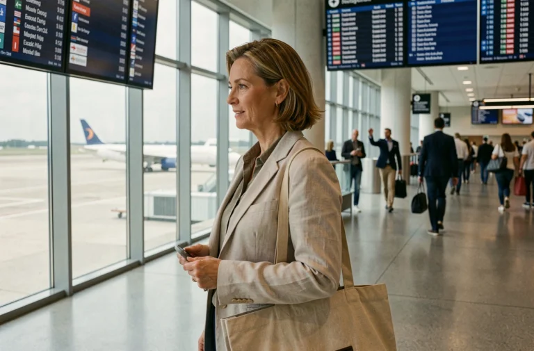 Femme consultant les départs dernière minute dans un terminal d'aéroport moderne, prête pour un voyage spontané depuis Nantes