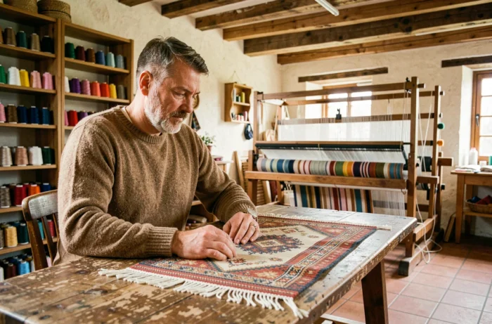 Voyageur découvrant l'artisanat local avec un tisserand alsacien dans un atelier traditionnel, tourisme éthique et culturel en France