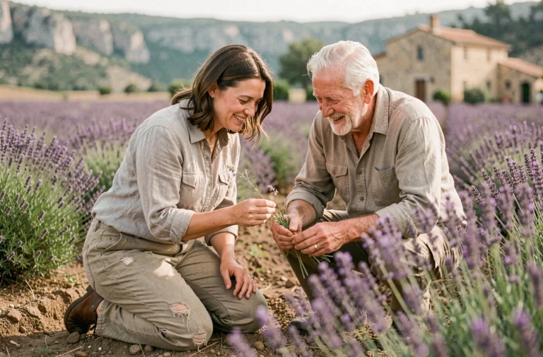 Voyageuse éthique échangeant avec un agriculteur local dans un champ de lavande en Provence, expérience solidaire en France